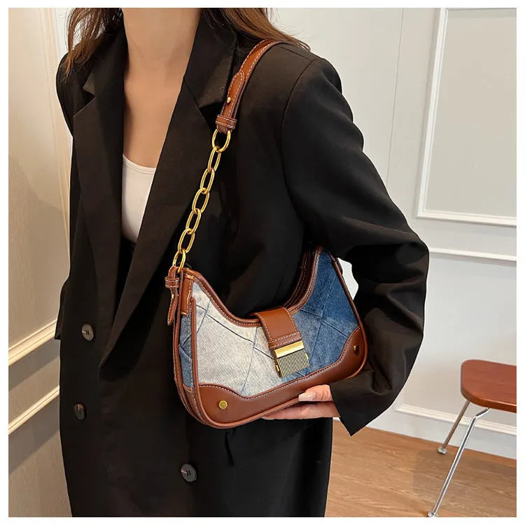Brown denim women's shoulder bag with diamond mesh detail and chain straps