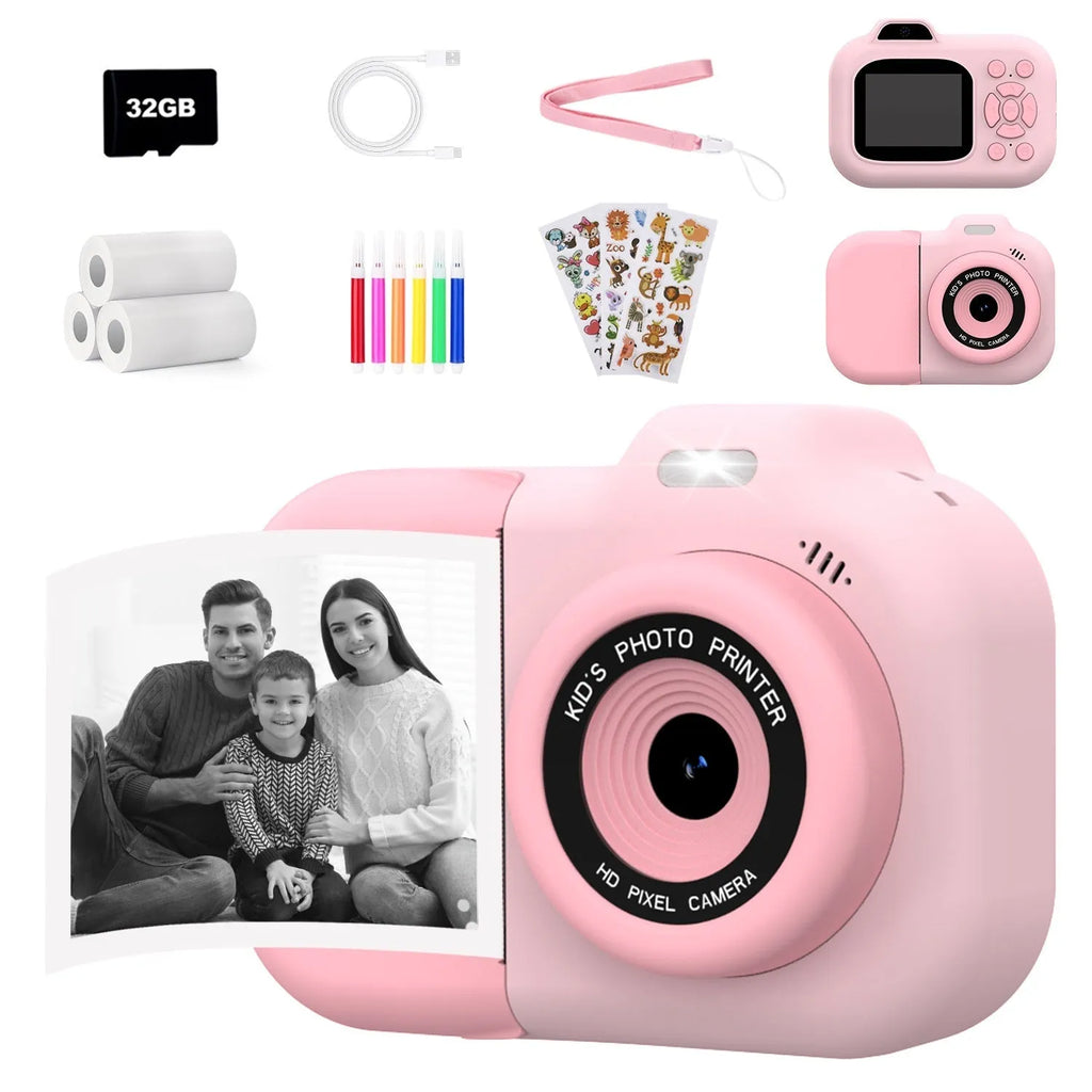 Blue children's digital camera toy with video recording, photo, and game functions on a white background.