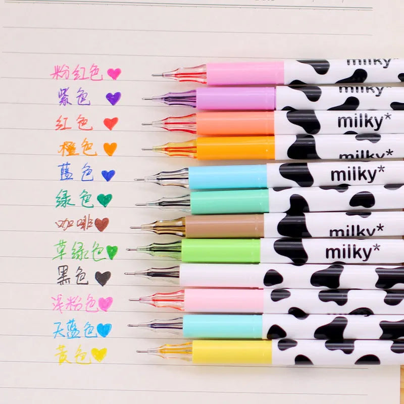 Cow print design gel pens with 0.38mm fine tips in 12 assorted ink colours