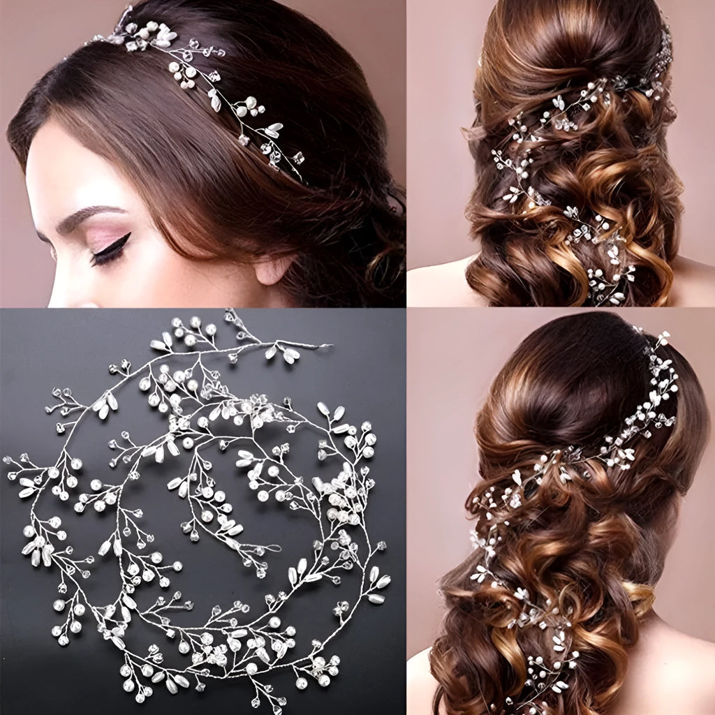 Bride's long hair band wedding accessory with crystal and pearl decoration in gold silver rose gold colours