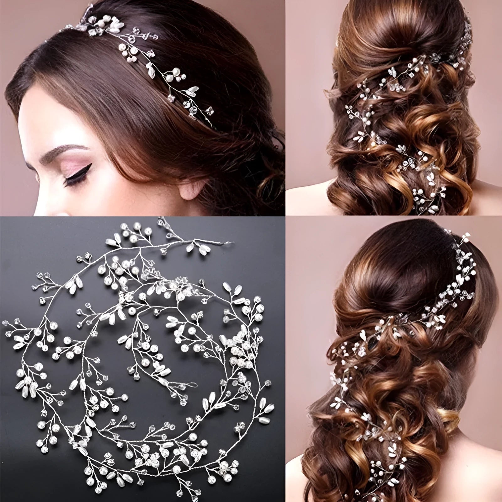 Bride's long hair band wedding accessory with crystal and pearl decoration in gold silver rose gold colours