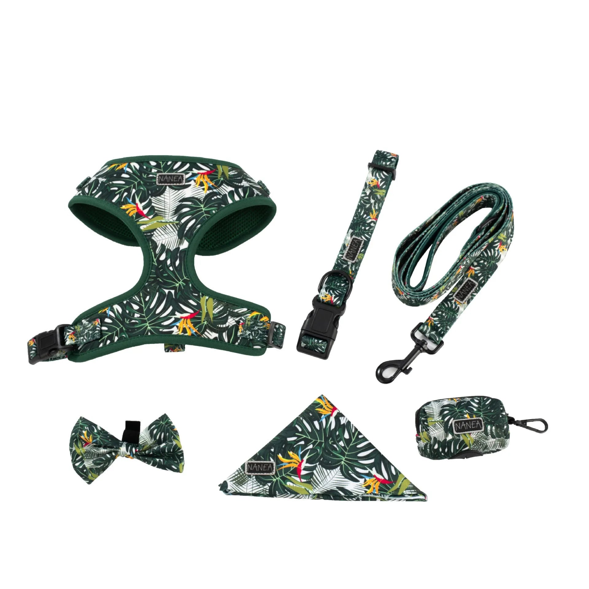 Adjustable pet harness vest six-piece set with haulage rope, collar, bow tie, and triangle scarf accessories