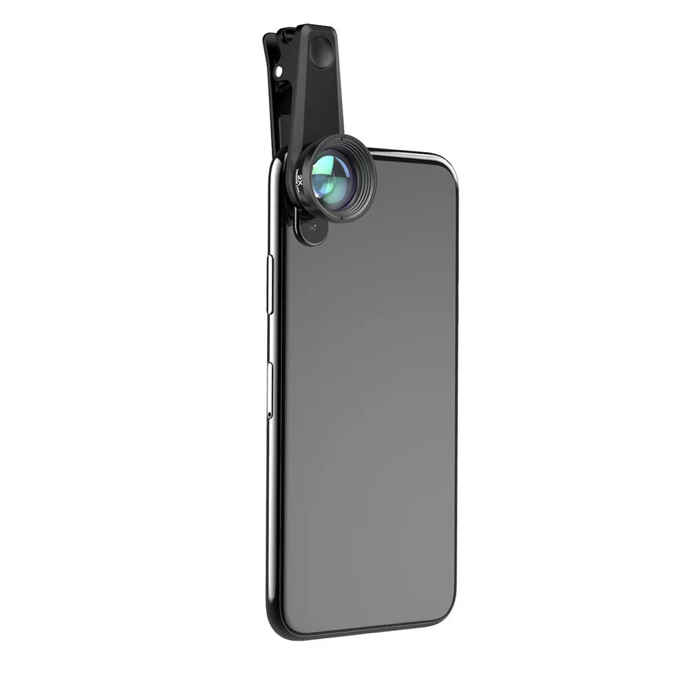 Six mobile phone camera lenses including fisheye, macro, wide-angle, telephoto and filters in EVA case with universal clip