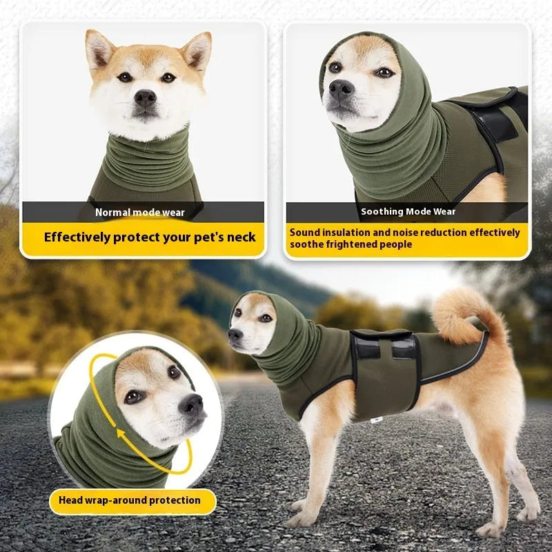Dog wearing army green anti-anxiety jacket for calming support during stressful situations