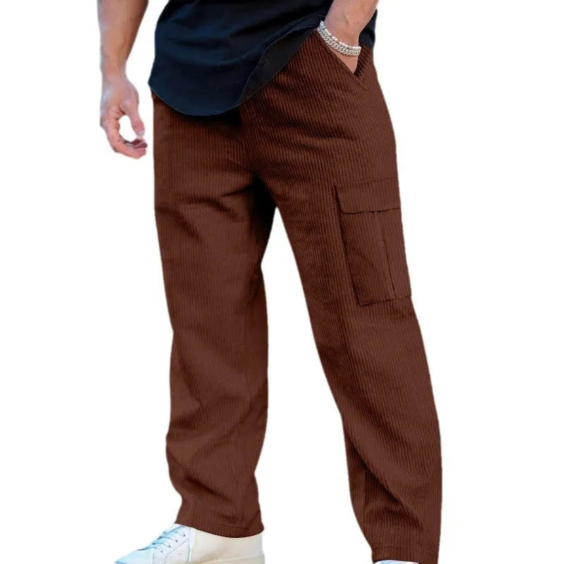 Men's corduroy cargo trousers with wide-leg cut and drawstring waist in navy blue colour