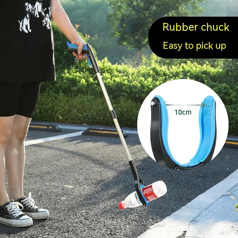 Blue plastic and aluminium alloy trash folder sewer pliers clamping a rubbish bag.