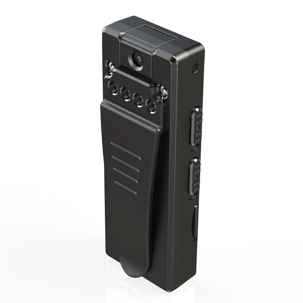 Black 1080p HD digital video camera on a stand showing its 90-degree rotation capability.