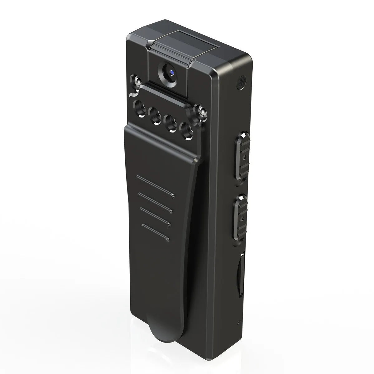 Black 1080p HD digital video camera on a stand showing its 90-degree rotation capability.