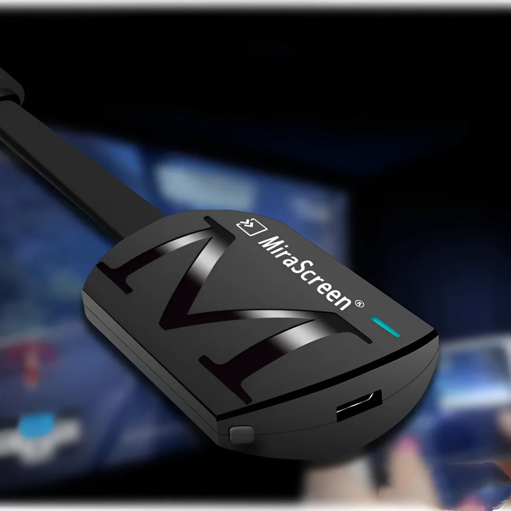Black compact HDMI mirroring dongle for smartphone to TV with 1080p output.