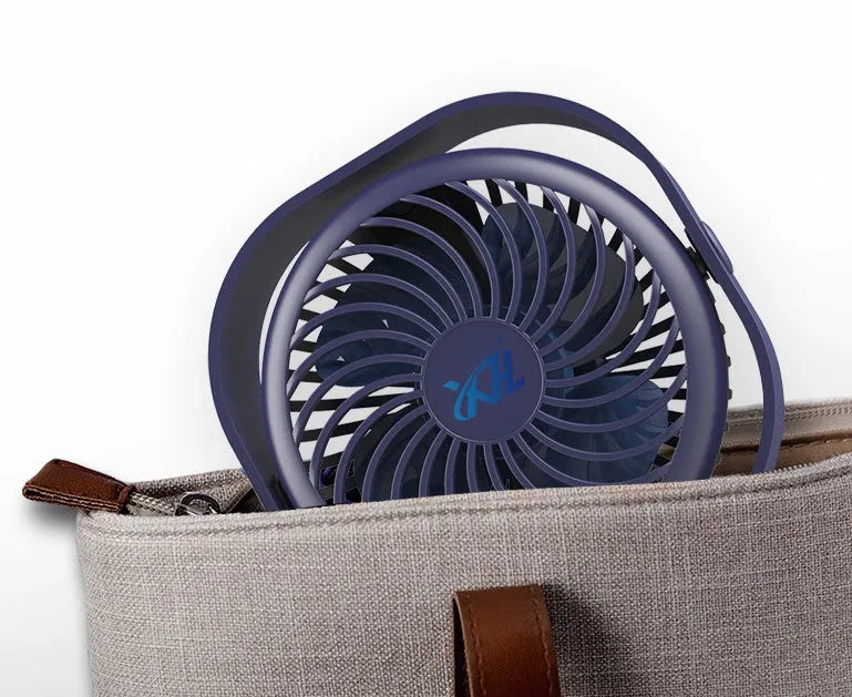 Compact USB desk fan in alarm clock style with blue colour finish, showing 360-degree rotation.