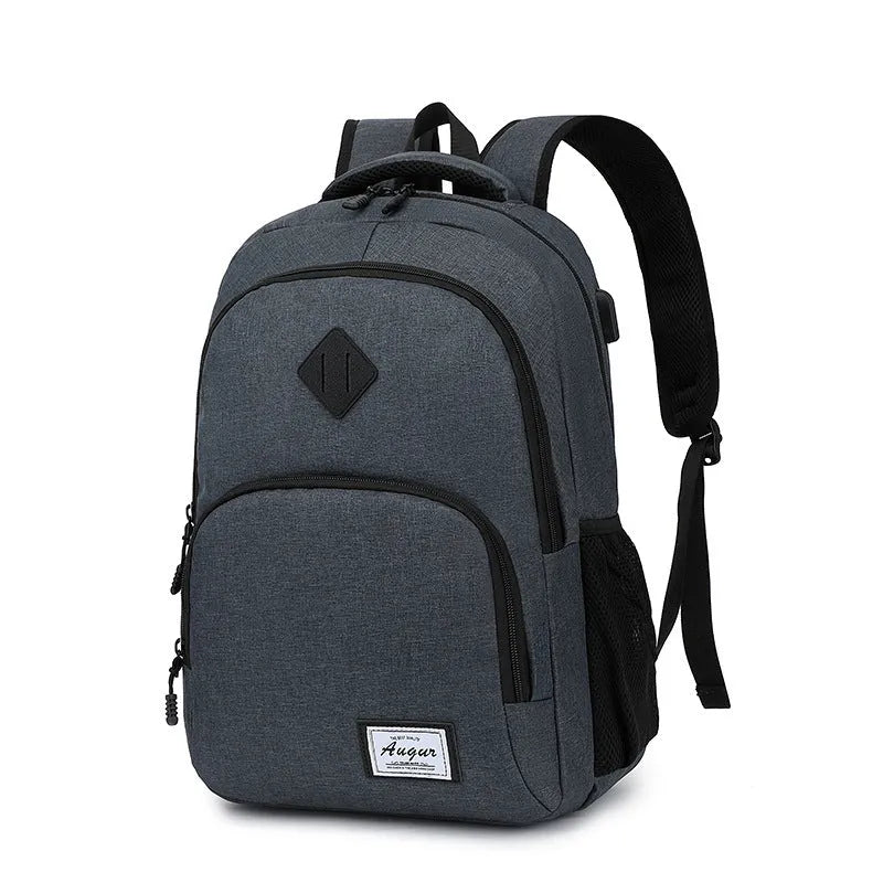 Lightweight grey USB charging backpack with trolley sleeve shown next to a smartphone.