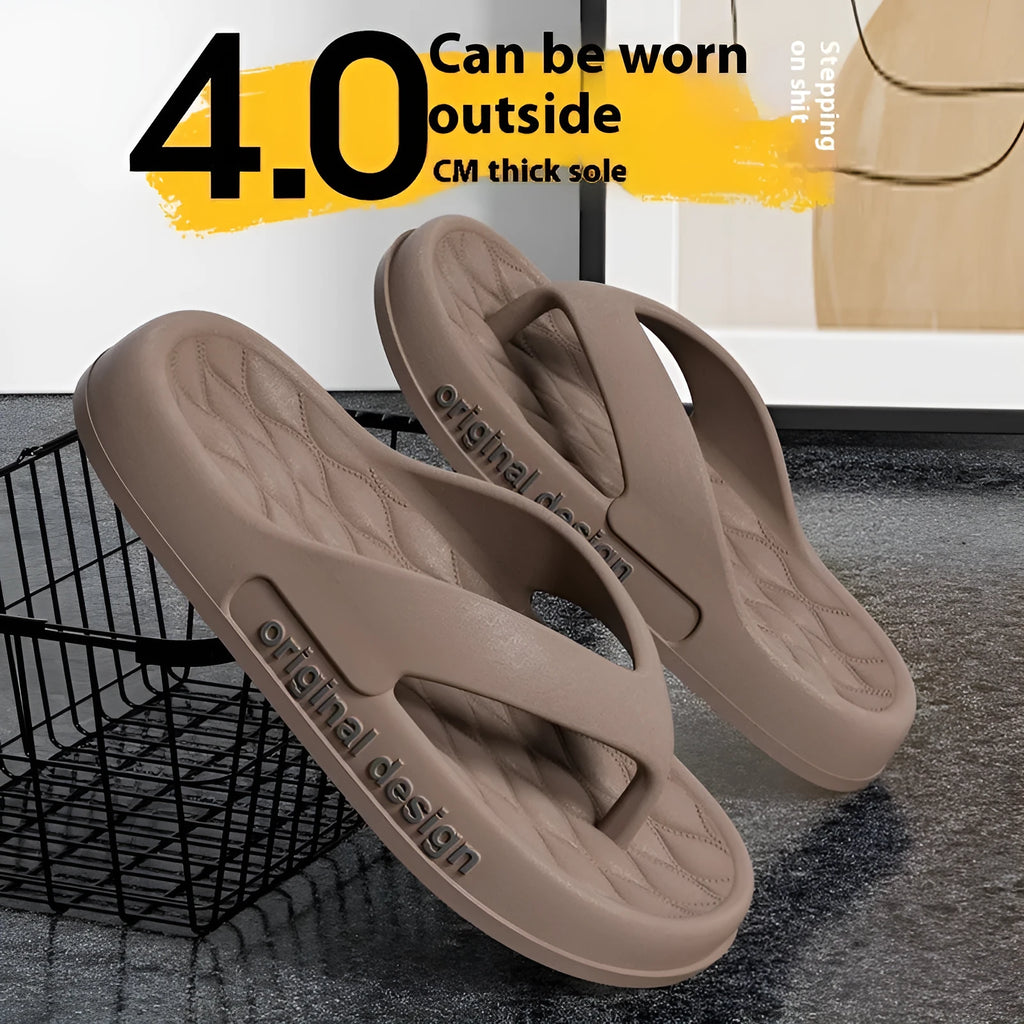 Men's lightweight EVA flip flops in various colours on a beach background