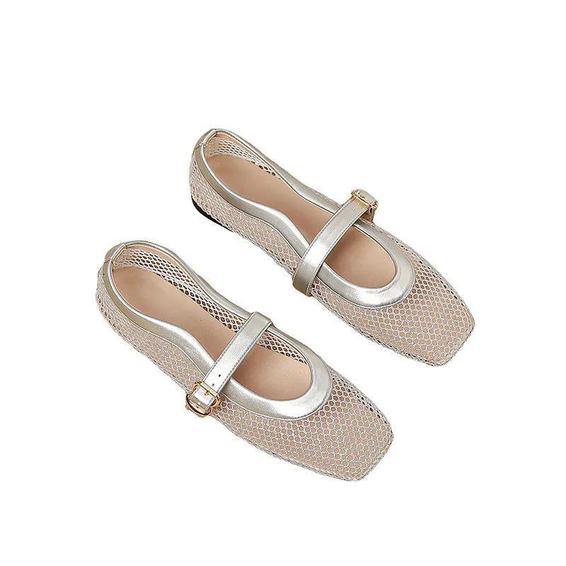 Women's beige mesh summer shoes with square toe, buckle closure, and low flat heel.