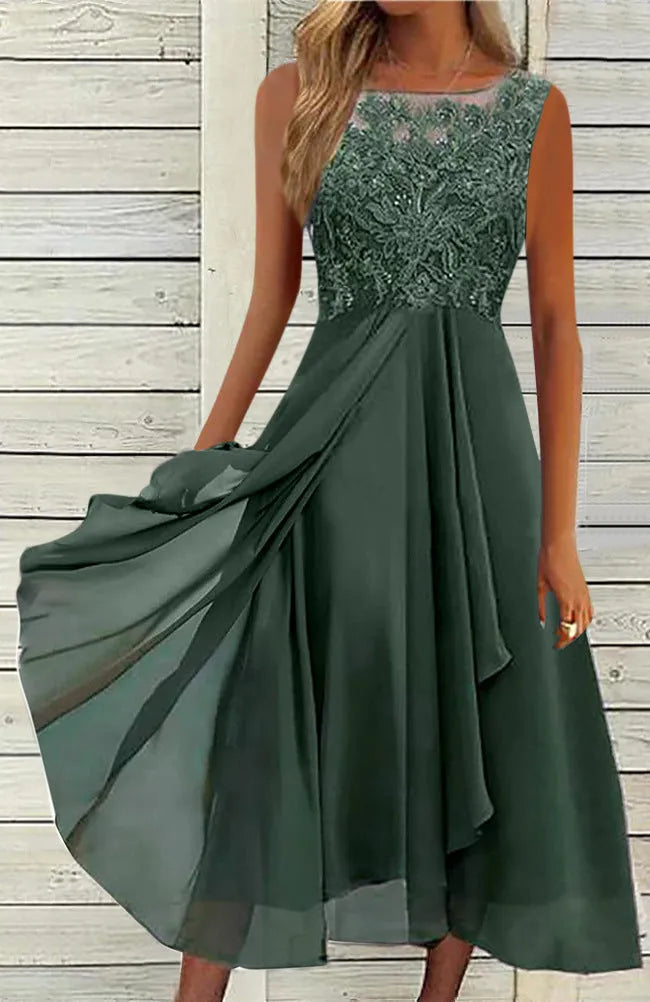 Women's sleeveless chiffon dress with lace hollow-out stitching in green, shown in a princess-style mid-length cut.