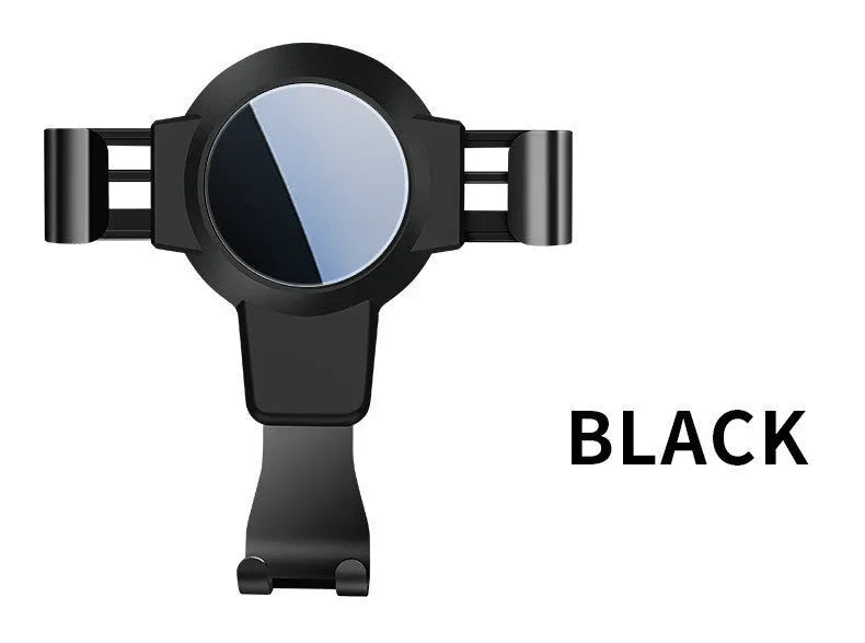 Black ABS plastic S4 gravity mirror mobile phone bracket mounted on a car air conditioning vent.