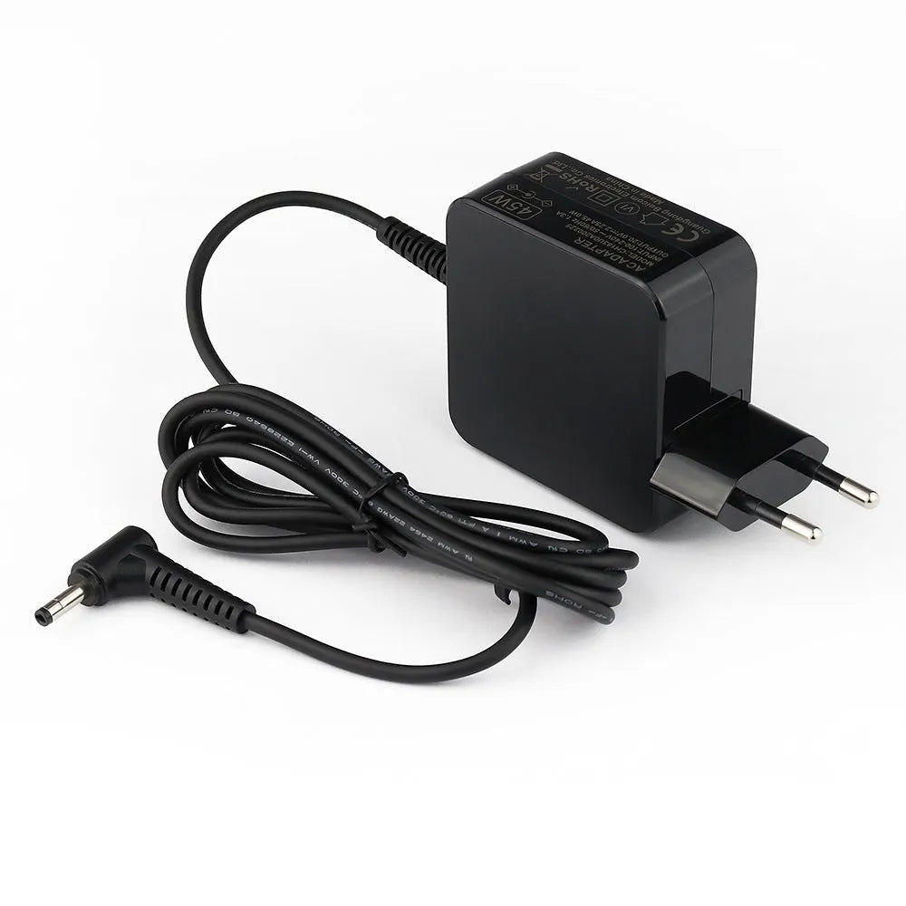 Black 45W Hua laptop adapter with American plug showing compact dimensions