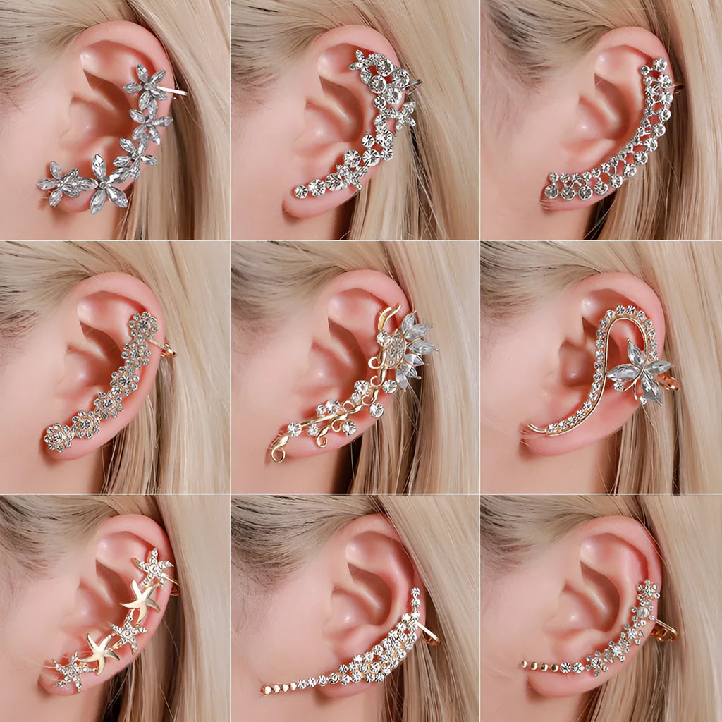 Gold Full Crystal Butterfly Flower ear clip with alloy and artificial gemstone inlay