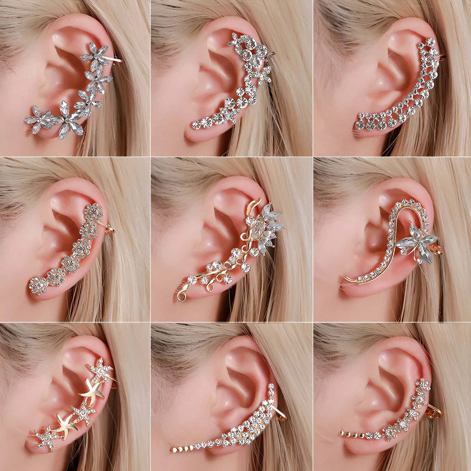 Gold Full Crystal Butterfly Flower ear clip with alloy and artificial gemstone inlay