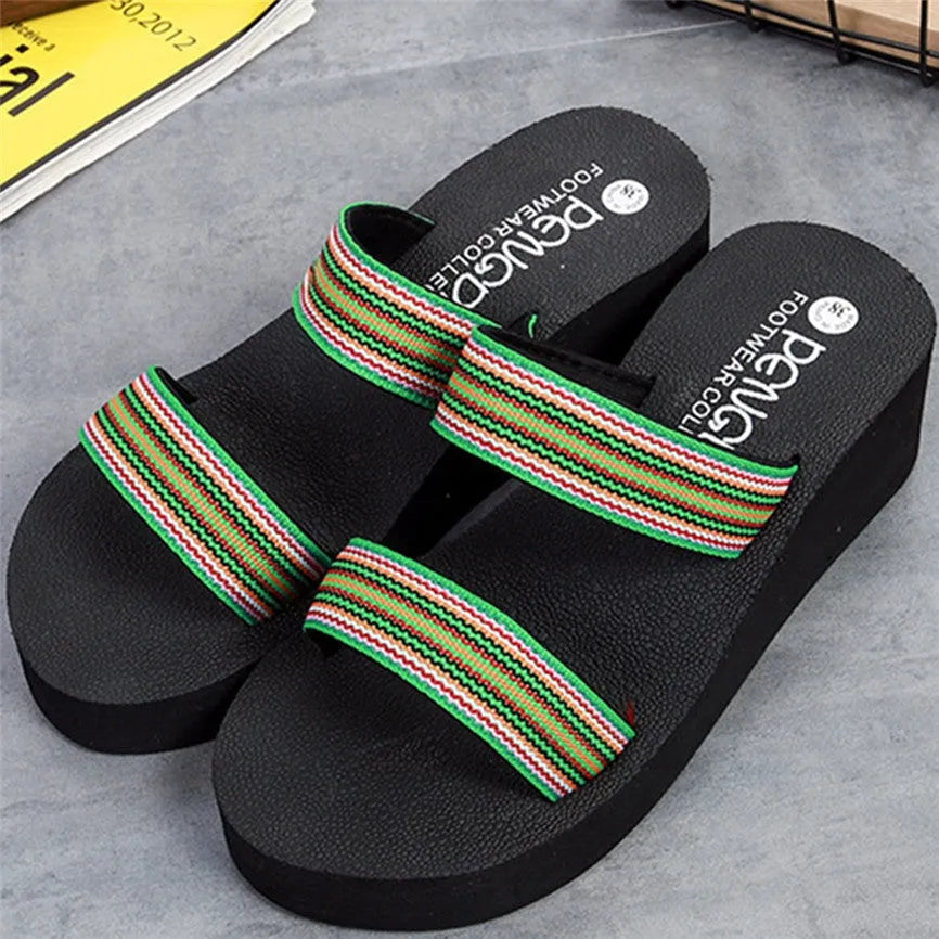 Women's bohemian summer slippers with elastic closure in brown, green, and red colour options