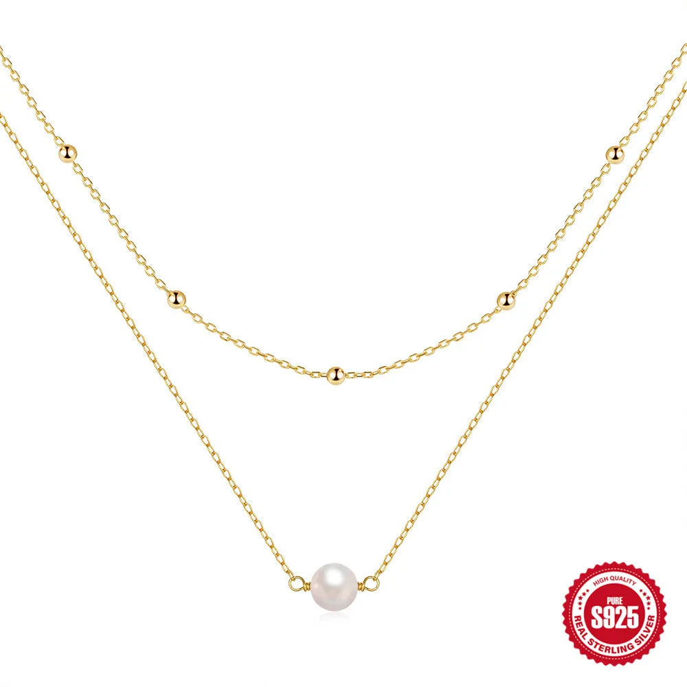 S925 sterling silver double layer necklace with geometric twin pearl pendant on a ball bead chain.