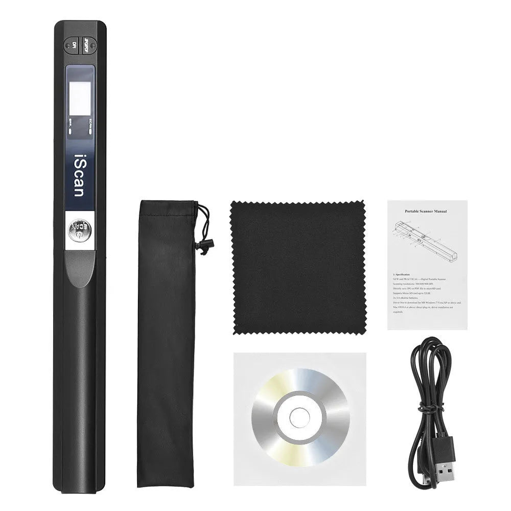 Handheld USB barcode scanner in choice of five colours: black, blue, green, red, silver.
