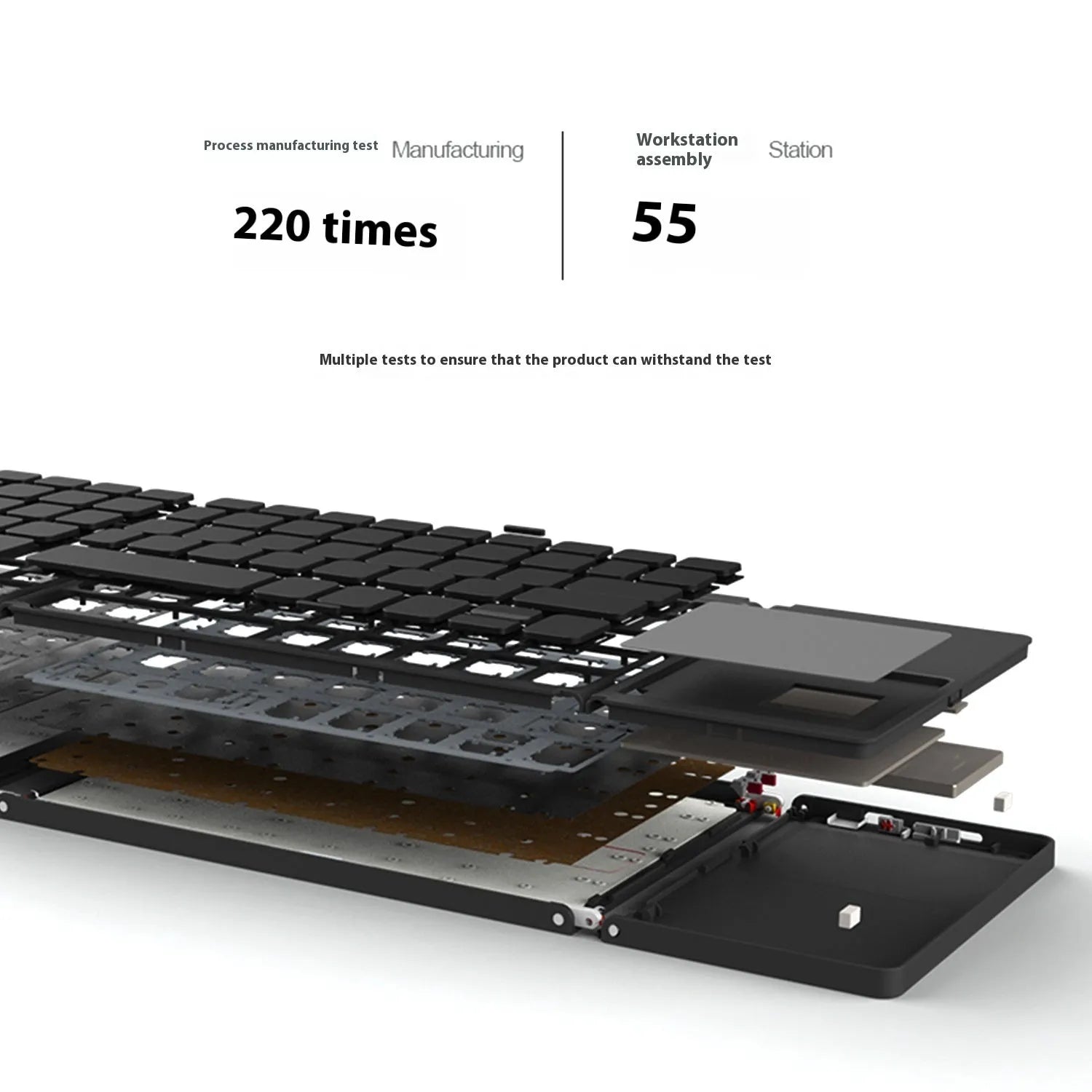 Black tri-fold Bluetooth keyboard shown open next to folded size comparison
