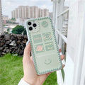Green flexible TPU iPhone case with a geometric smiley face and polka dot frame design on the back.