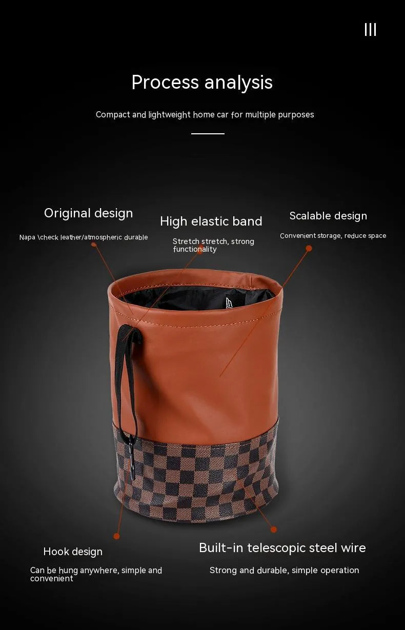 Leather retractable car trash can with handle shown in folded and open positions