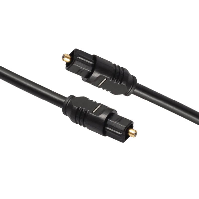 Black 2-metre digital optical Toslink audio cable with square connectors on opposite ends.