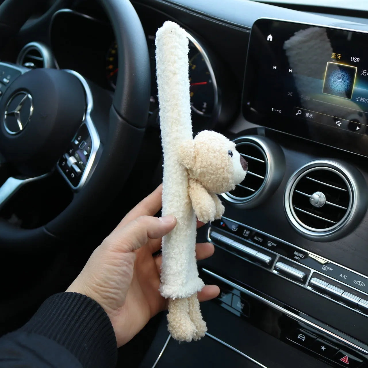 Cartoon plush car seatbelt shoulder protector in lamb wool, showing bear and rabbit design options.