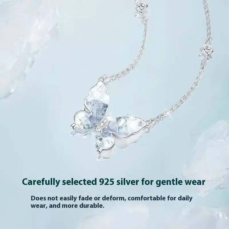S925 silver necklace with a detailed ice rain style butterfly pendant on an adjustable O-ring chain.