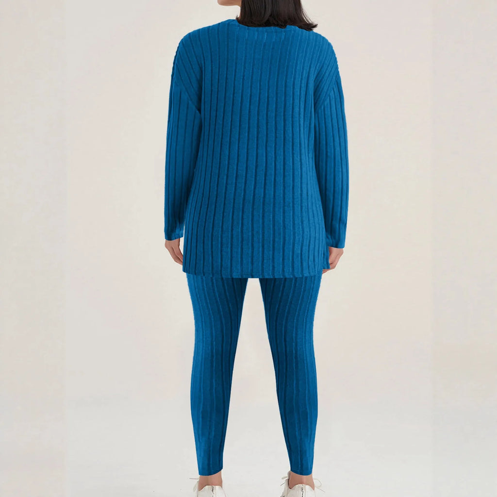 Sunken stripe two-piece homewear set in black or blue colour with trousers and regular sleeve top