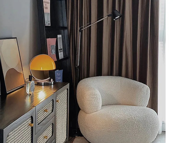 Retro space age LED table lamp with glass shade in orange or white colour for desk, bedroom, or living room use