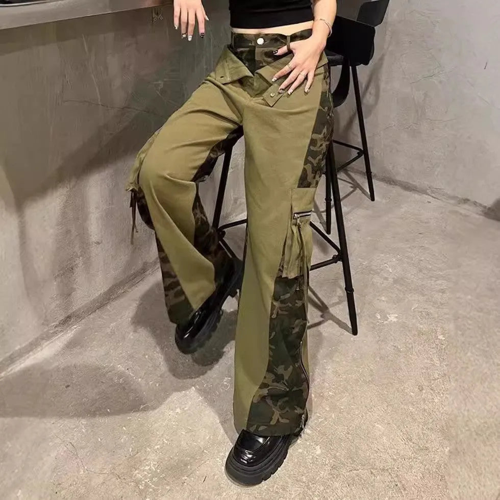 Retro high waist straight-leg jeans with leopard print tooling details on dark khaki denim