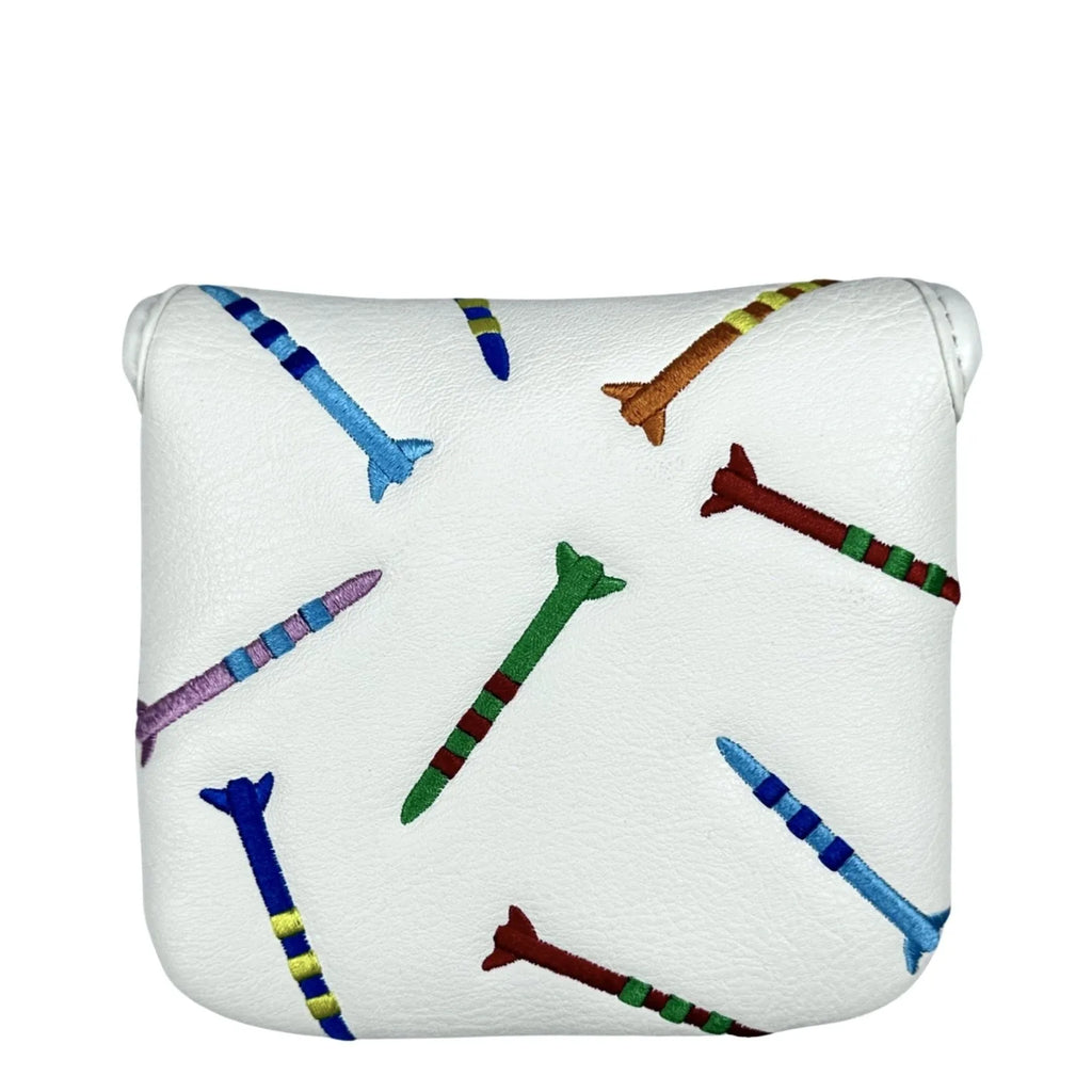 Black and white golf putter protective sleeve with a rocket pattern design.