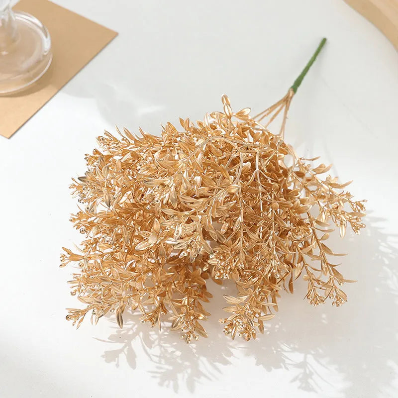 Artificial Persian eucalyptus ginkgo leaf flower arrangement in gold plastic for wedding home decor