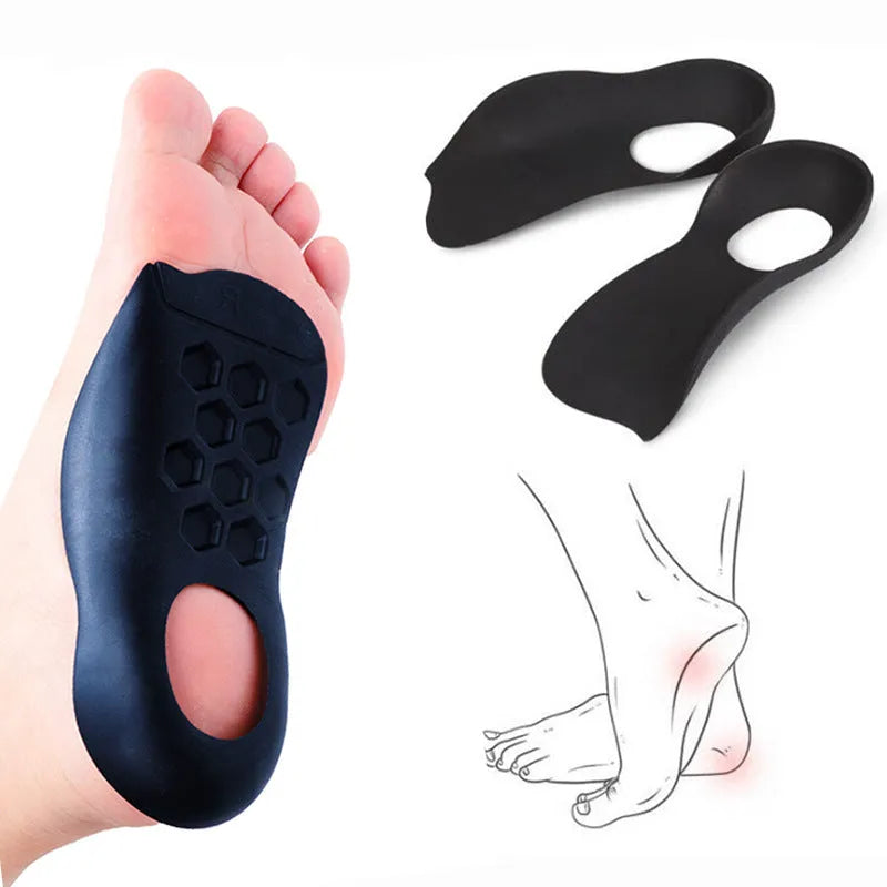 Pair of white TPR arch support insoles for varus correction, showing raised medial arch design.