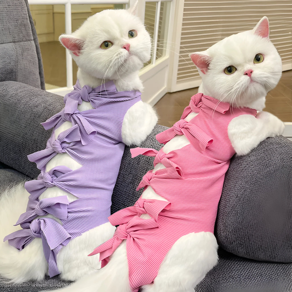 Lace-up cat sterilisation clothing in polyester fabric showing adjustable fastening and available colour options