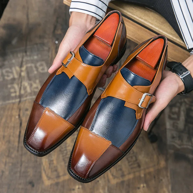 Men's brown blue retro buckle casual shoes with tall crown design and microfiber upper