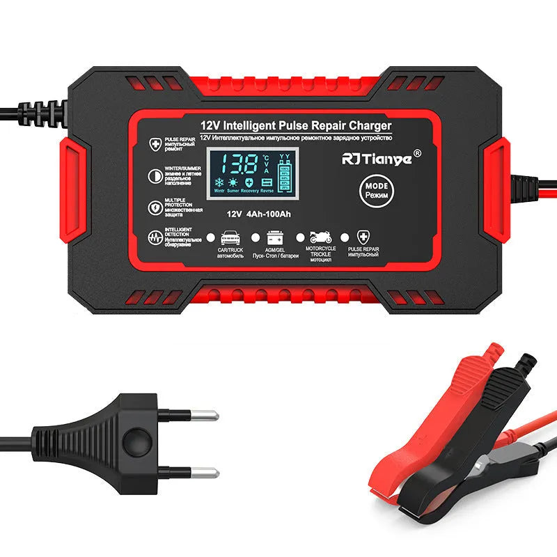 Red US standard car battery charger for lead acid batteries with on-screen display, 213x110x64mm
