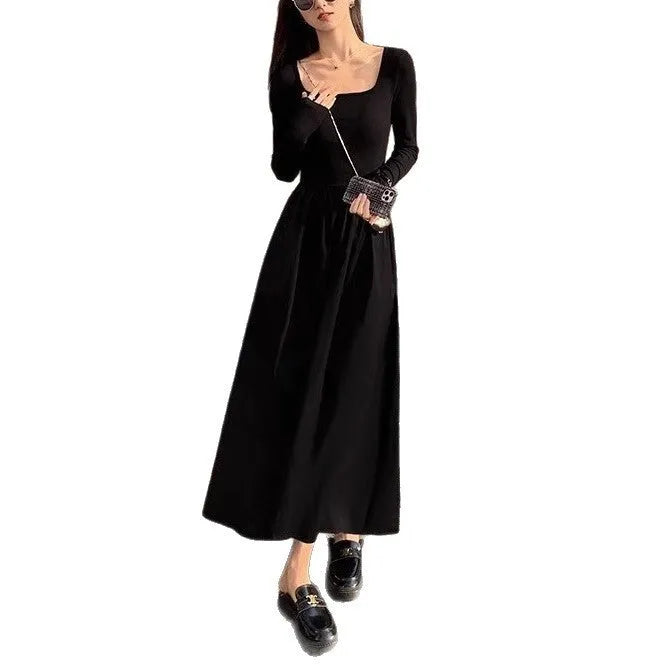Women's square collar knitted dress with elastic waist and a-line long skirt in grey colour