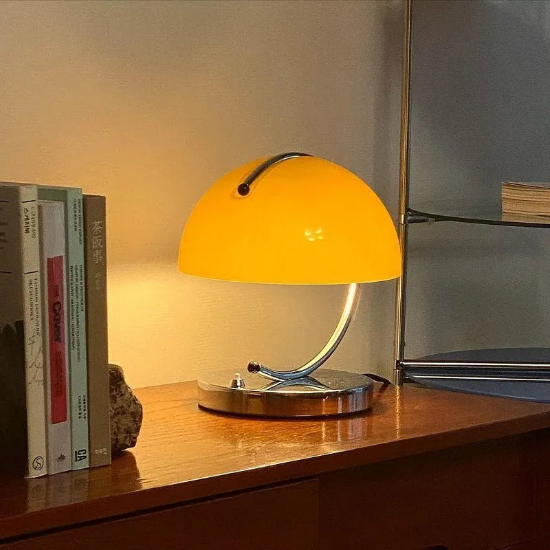 Retro space age LED table lamp with glass shade in orange or white colour for desk, bedroom, or living room use