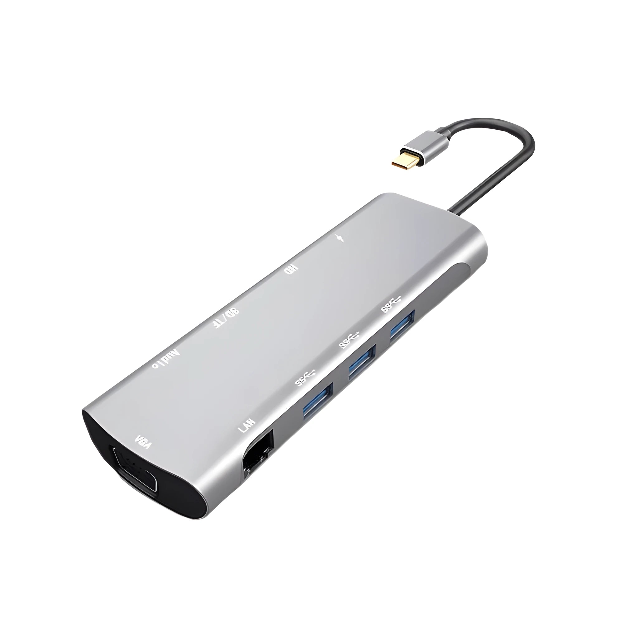 Grey aluminium USB-C docking station with HDMI, VGA, USB ports and 140mm cable