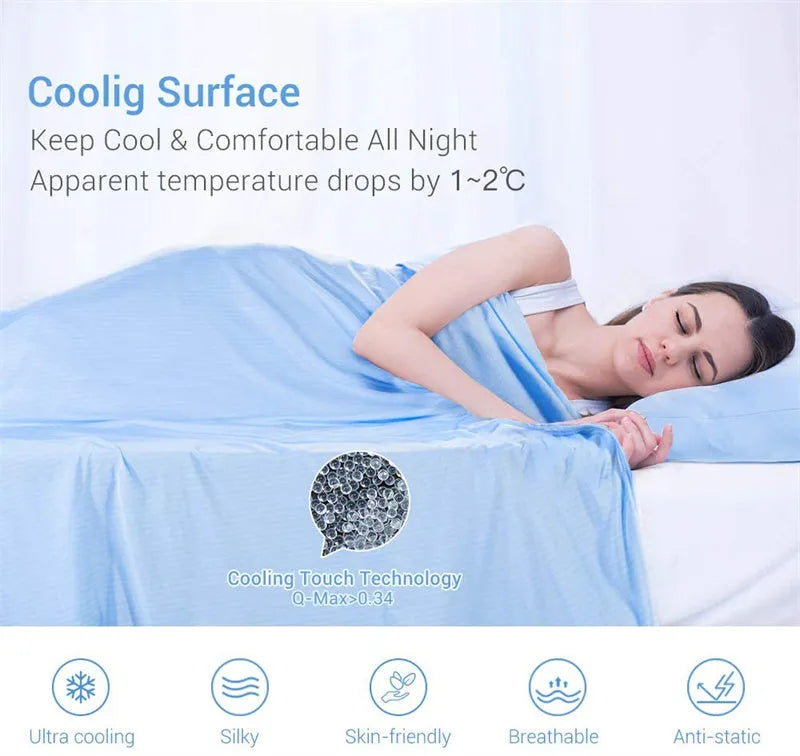 Blue and grey polyester cooling blanket with Japanese Q-Max fibres on a bed.