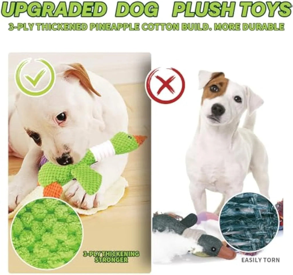 Blue, green or grey duck-shaped plush dog toy with two squeakers.