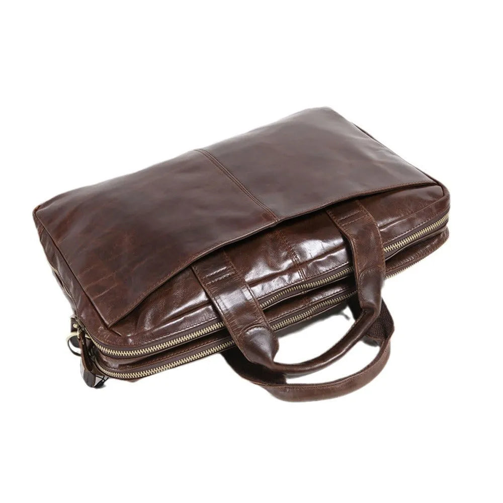 Brown cowhide leather business briefcase with 18-inch laptop compartment