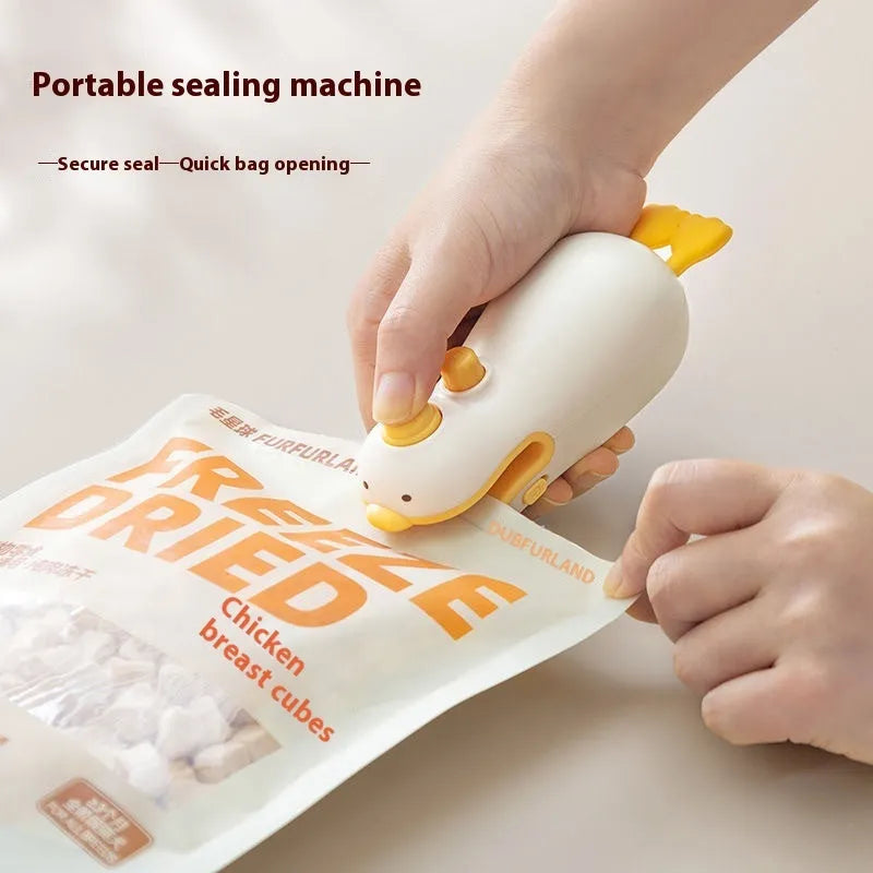 Small yellow duck rechargeable plastic sealing machine with animal jacquard pattern and USB charging cable