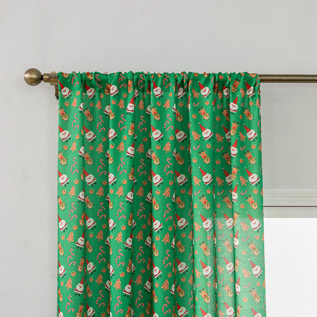 Christmas curtain with snowman and angel print pattern in green colour, American style design for living room windows