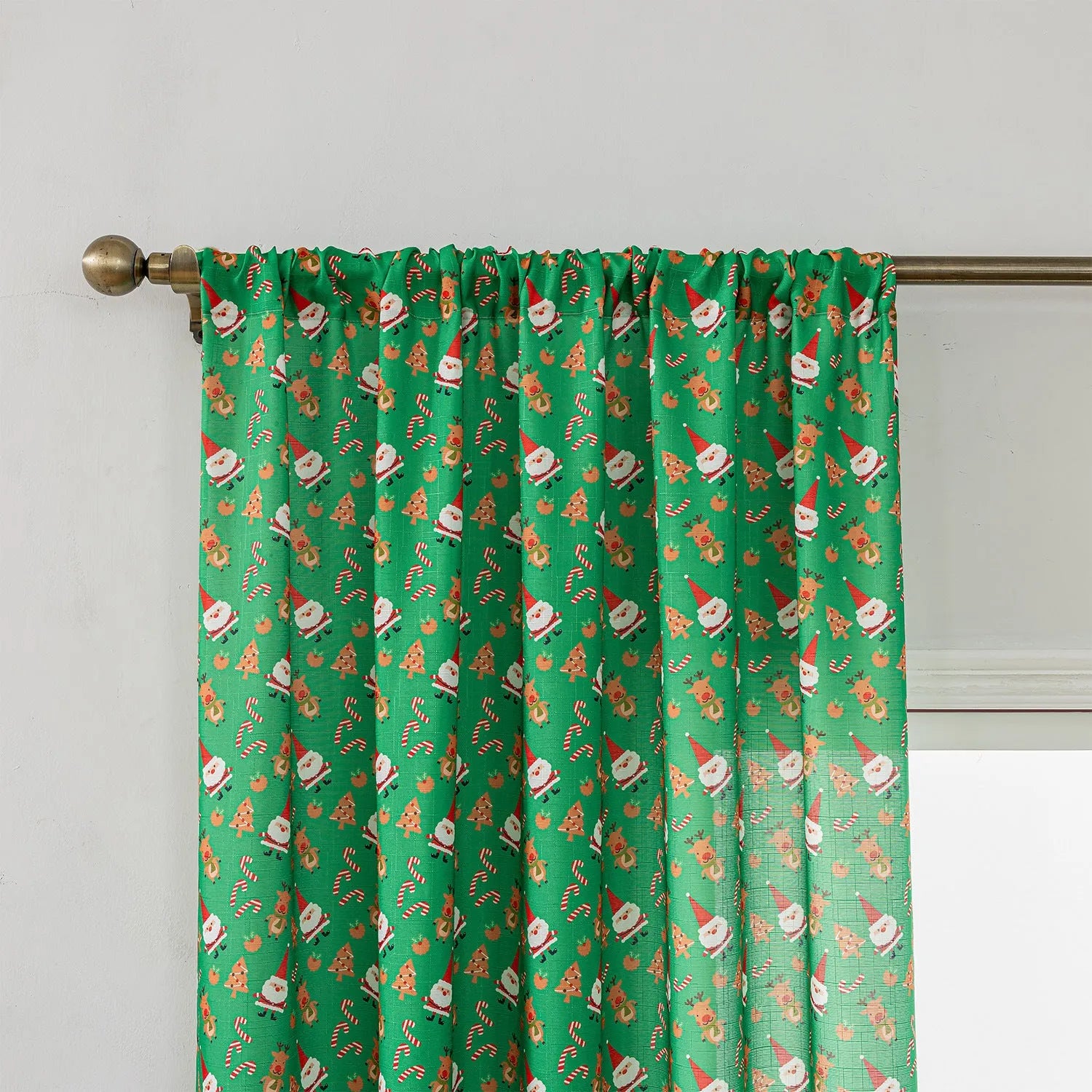 Christmas curtain with snowman and angel print pattern in green colour, American style design for living room windows