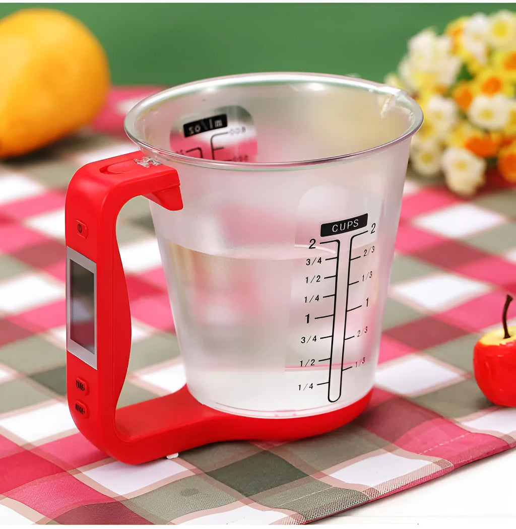 Green digital measuring cup scale with LCD display showing weight measurement